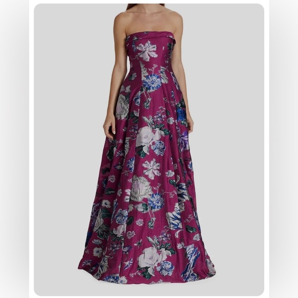 Marchesa Notte purple floral jacquard gown